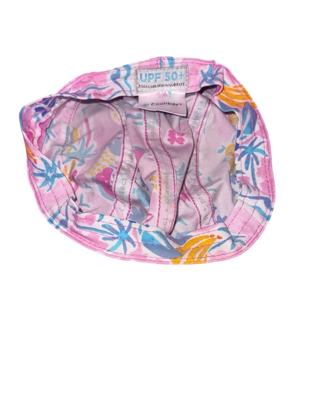Coolibar Pink Tropical Bucket Hat with Blue and‎ Yellow Accents